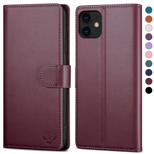 SkyDuck for iPhone 11 6.1 Phone case with [RFID Blocking][Credit Card Holder] with 1 Tempered Glass Screen Protector,PU Leather Flip Book Protective Cover Women Men for Apple 11 cases Wine Red