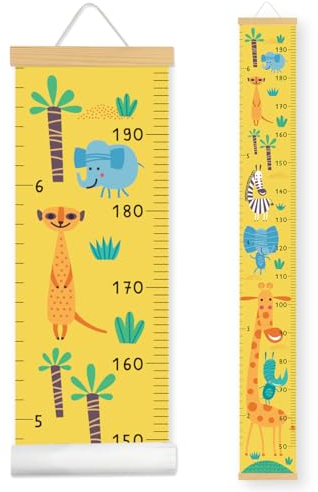 Messlatte Kinder-Wachstum Messlatte-Höhenlineal zum Aufhängen-Abnehmbare Leinwand mit Holzposterleiste - Kinderzimmer Deko und Geschenk zur Geburt(160cm x 20cm) (Gelbe, Waldtiere)