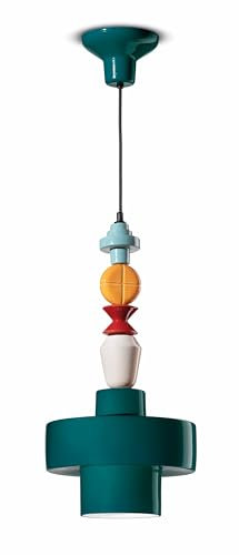 Licht-Erlebnisse Hängeleuchte Keramik Handarbeit Ø 28 cm E27 in Petrol Bunt Retro Design Hängelampe Wohnzimmer Pendelleuchte Esstisch