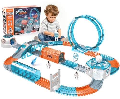ZWOOS Raum Rennstrecken Track Spielzeugautos Set, 232 pcs Flexible Autorennbahn Kinder mit 1pcs Elektroauto, 2 Astronautenpuppen, Weltraumthema Car Track für 3 4 5 6 Jahre alt Jungen Mädchen
