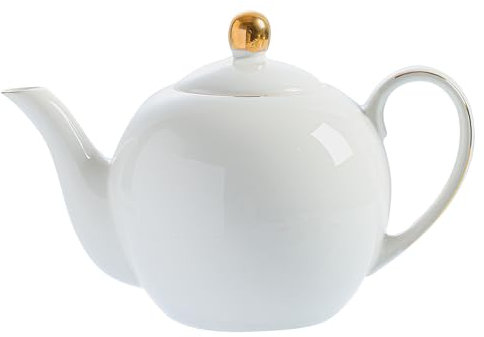 PRECITIME 30oz White Porcelain Teapot, Classic design tea pot with Gold Trim, Beautiful white teapots for loose leaf tea and tea bags, Tea Party friendly