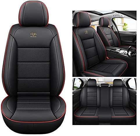 DohkHgg Autositzbezüge passend für Skoda Octavia Octavia 3 Octavia 2 Octavia RS Octavia A5, echtes Leder, wasserdicht und atmungsaktiv, 5-Sitzer-Sitzbezug, Auto-Innenraum, schwarz-roter Rand