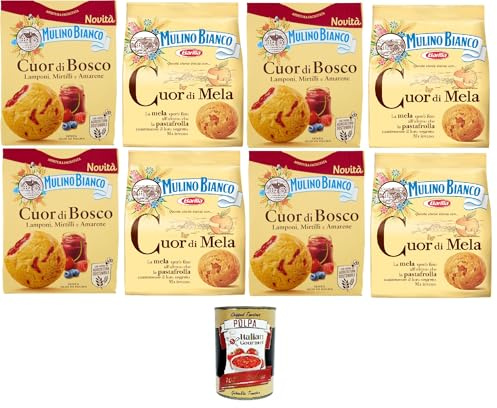 Mulino Bianco Testpaket Cuori DI Mela, Cuor di Bosco Weicher Mürbeteig mit Apfel-Himbeer-, Blaubeer- und Schwarzkirschfüllung 8x300gr+ Italian Gourmet polpa 400g