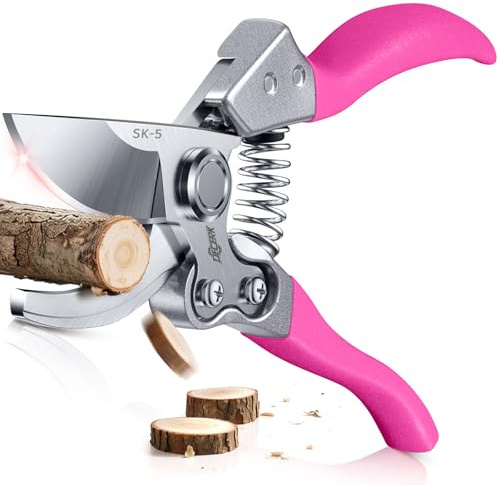 DECERK® 8.5 Bypass Pruning Shears for Women – Lightweight Garden Scissors, Ultra Sharp SK5 Blade, Ergonomic Handle Reduces Hand Fatigue, Ideal Pruners for Arthritic Hands, Pink Tools Gift for Mom