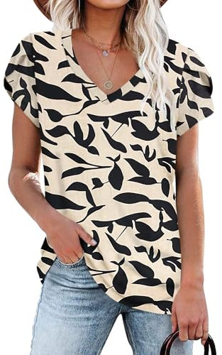 PLOKNRD Summer T-Shirt Casual V Neck Tops Ladies Short Petal Sleeve Loose Beach Tee for Women UK Apricot Black Leaf M