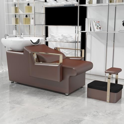 Friseurstuhl Mit Waschbecken, Friseurwaschbecken Aus Keramik Verstellbar, Rückwärtswaschsessel Mit Fußhocker, Friseurwaschsessel Für SPA Salon,Braun