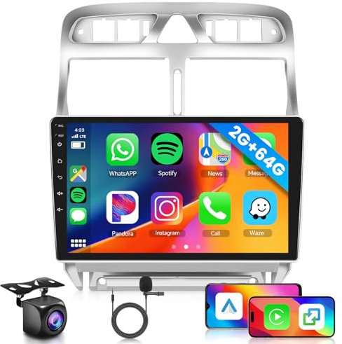 Hodozzy 2G+64G Radio para Peugeot 307 307CC 307SW 2002-2013 con Carplay Android Auto Mirror Link Inalámbrico, 9 Pulgadas Pantalla Táctil de GPS Bluetooth WiFi EQ FM RDS Radio, Control del Volante