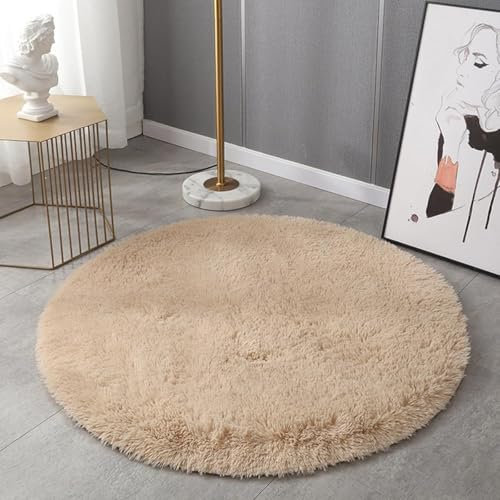 AIMECO Schlafzimmer Bereich Teppich, (Durchmesser 100cm) Nachttisch Shag,Flauschigen Teppich, Wohnzimmer, Kinderzimmer, Mädchen Schlafzimmer, Beige
