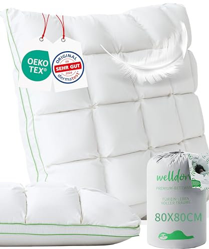 Welldora Premium Kopfkissen | 100% extraweiche Daunenfasern & Federn | Puffwolken-Design für höchsten Komfort und Ergonomie | Kissen fachärztl. geprüft, Oeko-Tex zert. in der Schweiz (40 x 40 cm)