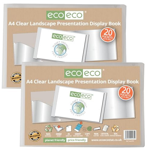 eco-eco Lot de 2 porte-vues A4 50% recyclés avec 20 pochettes en plastique - Format paysage transparent - Eco175 x 2
