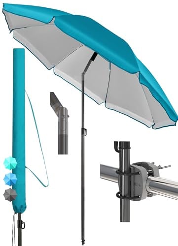4smile Sonnenschirm Balkon SunnyJoy Ø 180 cm, 3-IN-1 Set - UPF 50+ Balkon Schirm + Sonnenschirmhalter Balkongeländer + Sonnenschirm Schutzhülle - Sonnenschutz Balkon, Gartenschirm, Türkis