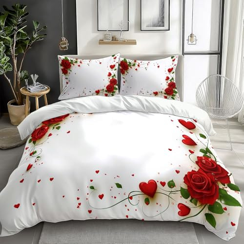 Generisch Weiß Bettwäsche 155x220 cm Rosen Zum Valentinstag Bettbezug mit Reißverschluss Weiche Baumwolle Mikrofaser Bettwäsche-Sets für Kinder Jungen Mädchen Jugendliche