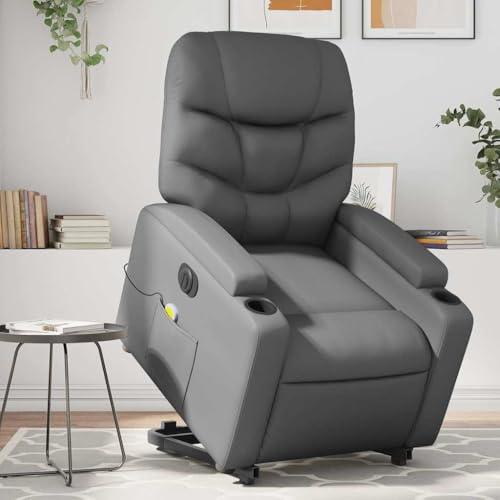 Hommdiy Aufstehhilfe Elektrisch Relaxsessel Massagesessel Fernsehsessel mit Liegefunktion TV Sessel für Wohnzimmer Grau Leder Quadratisch