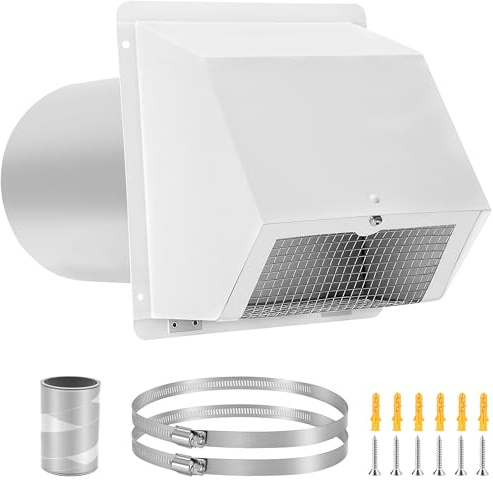 Fuairmee 15,2 cm große Wandlüftung mit Abzugshaube und Dämpfer, Außenwand, Abluftabdeckung für Küchenbereich, Luftabzugshaube, Trockner, Belüftung außen, geräuschlos, verzinkter Stahl, weiß