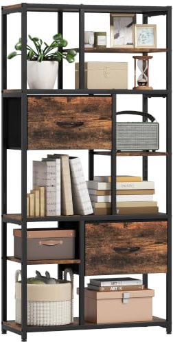 HOMCOM Bücherregal mit 2 Stoffschubladen 72,5x30x150 cm Rustikal-Braun
