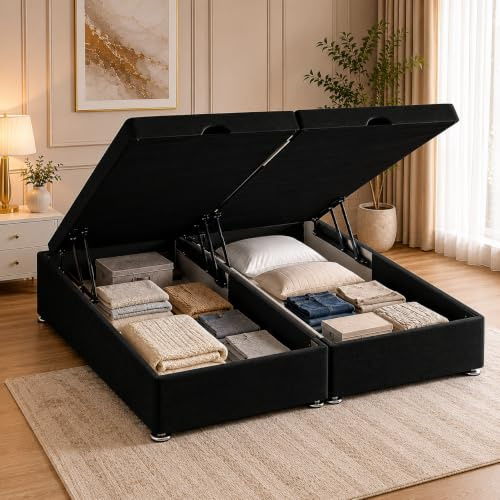 AL SULTAN Ottoman Divan Bed Double 4FT6 Soft Plush Velvet Gas Lift Up Divan Bed Base, Ottoman Frame with Solid Base and End Lift Storage Bed - Black Plush