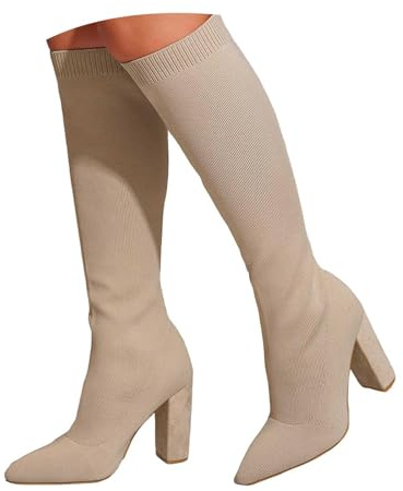 Stivali alti al ginocchio per le donne 2025 inverno casual tinta unita tacco grosso punta stivali alti lunghi slip on leggero elasticizzato lavorato a maglia tacchi alti comfort calzino stivale, Beige