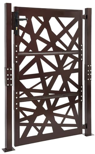MIUKYUI Moderna puerta de jardín de metal, 105 x 150 cm, con cerradura de seguridad, apertura de 180°, para terraza, jardín, almacén en marrón, negro y blanco, para patio y como protección visual