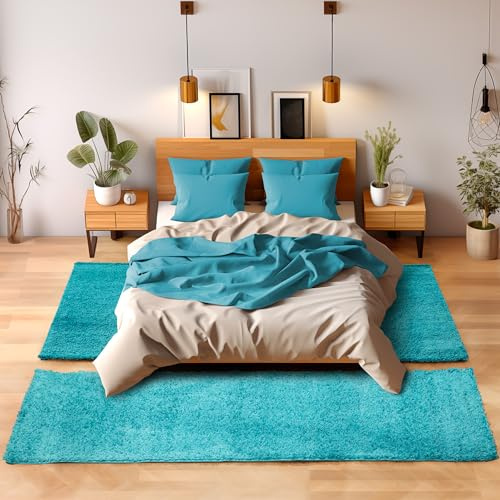 Unbekannt Shaggy Hochflor Teppich Carpet 3TLG Bettumrandung Läufer Set Schlafzimmer Flur, Farbe:Türkis, Bettset:2x60x110+1x100x200