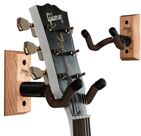 String Swing Gitarren-Aufhänger - Halter für E-Akustik- und Bassgitarren - Ständer Zubehör für Zuhause oder Studio - Musikinstrumente sicher ohne Hartschalenkoffer - Cherry Hartholz Wandhalterung 2