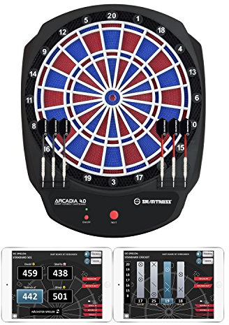 Carromco Smartness Arcadia 4.0 – elektronische Dartscheibe Profi E-Dartboard mit App, rot-blau, für 1-8 Spieler, Softdarts, USB-Kabel, 17 Spiele & 312 Varianten (inkl. Cricket)
