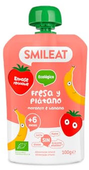 Smileat - Pouch de Frutas Ecológicas - Sin Sal ni Azúcar Añadido, Sin Gluten - Snack Práctico para Peques - Sabor a Fresa y Plátano