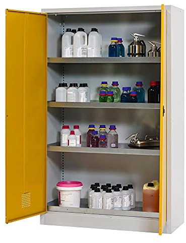 ASECOS Chemikalienschrank, RAL 7035/RAL 1004, 4 WB (St.bl.) zur sicheren und vorschriftmäßigen Lagerung von verschiedenen Gefahrstoffen in einem Schrank