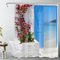 LB Duschvorhang Meer Landschaft Bade Vorhang Griechisch Insel Blau Holz Tür Rote Blume Polyester Wasserdicht Antischimmel Badezimmer Vorhänge mit Haken,150x180cm