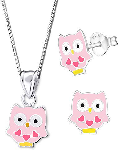 Mädchen Set Halskette Anhänger Ohrringe echt 925 Sterling Silber mit Zirkonia von SWAROVSKI Kinder Schmuckset K580 + 40cm + Ohrstecker Eule Nr.75