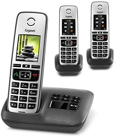 Gigaset Family Trio mit Anrufbeantworter - 3 schnurlose Telefone mit großem, farbigem Display und hoher Reichweite – anthrazit-grau