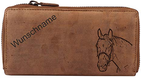 Greenburry Vintage Leder Damen Geldbörse Portemonnaie inkl. Wunschname und Pferde Motiv Braun 19x10x2,5cm
