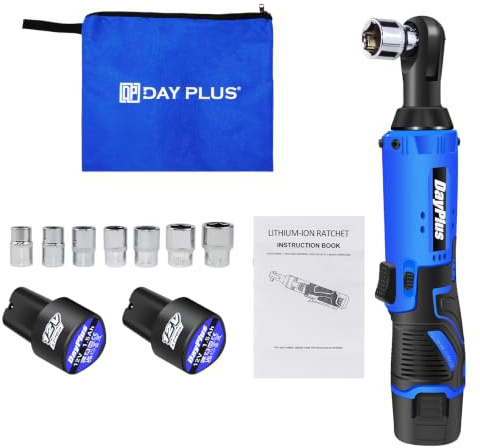Right Angle Wrench Ratchet, 3/8 Square Head 230Nm Speed Electric Cordless Ratchet Right Angle Wrench Tool Set w/LED Worklight, 2 Rechargeable Lithium-Ion Batteries, 7 Sockets Set