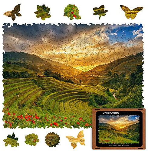 UNIDRAGON Original Wooden Jigsaw Puzzles - Nature Rice Fields, 250 pcs, Medium 12.2x9, Beautiful Gift Package, Unique Shape Best Gift for Adults and Kids