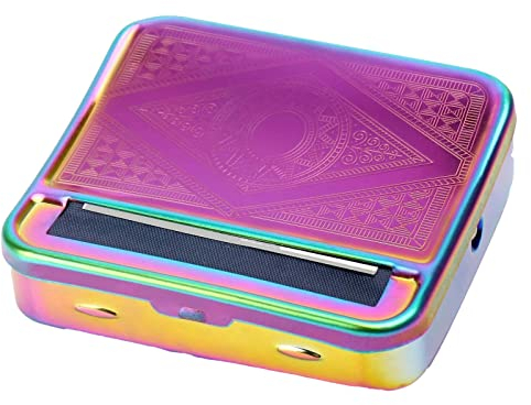 KAV Automatic Cigarette Rolling Machine Baccy Portable Metal Tin Box for Tobacco, Smoking Roller and Storage Case - Rainbow