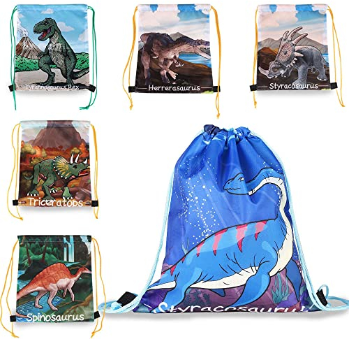 Kaizuca 6 Stück Kordelzug Partytüten, Kinder Turnbeutel, Mitgebsel Rucksack, Dinosaurier Motiv, für Kinderparty, Weihnachten, Geburtstag, Karneval, Geschenktüten Party