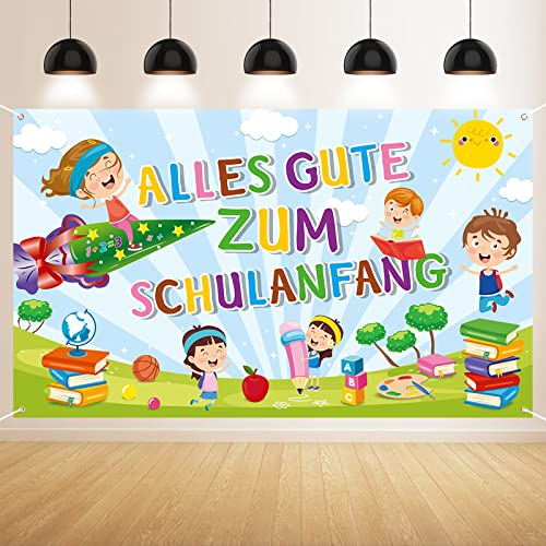 GRESATEK Schulanfang Banner Deko, Blau Weiß Alles Gute Zum Schulanfang Hintergrund Banner und Endlich Schulkind Extra Großes Einschulung Banner Photo Booth Dekoration für Drinnen und Draußen