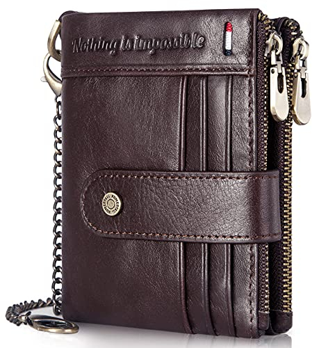 HUMERPAUL Herren-Geldbörse mit Kette, Leder, faltbar, RFID-blockierend, Reißverschluss, hohe Sicherheit, mit Ausweisfenster und Kreditkartenfach, BP896-Coffee, Vintage