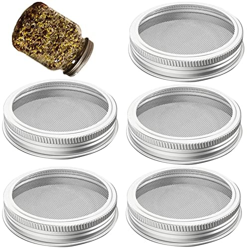 5 Pack 316 Stainless Steel One-Piece Mesh Strainer Lids for 3.38 Inch Wide Mouth Mason Jar, NO RUST, Bean Sprout Sieve Lids