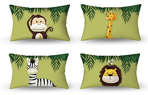 Aoihrraan 30x50cm 4er Set Süß Karikatur Tier Dekorativ Kissenbezug Forest Monkey Giraffe Floral Plant Weicher Kurzer Plüsch Quadratischer Hellrosa Kissenhüllekinder Party Sofa Baby Schlafzimmer Bett