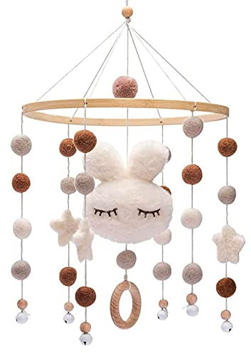 Baby Mobile, sitengjun Baby Mobile Holz, Hängende Bettglocke Hase, Baby Mobile Windspiel mit Filzbällen, für Kinderzimmer Kinder Bett Dekor (Weiß)