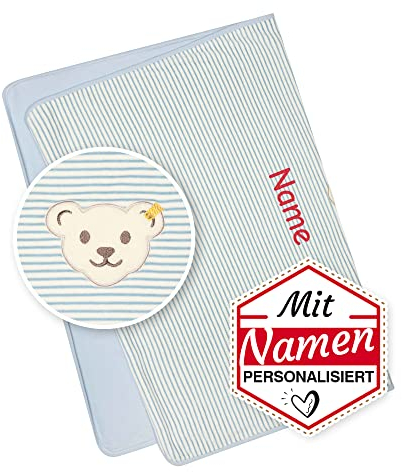 Steiff Babydecke mit Namen personalisiert/Bestickt, Individuelle Kuscheldecke/Krabbeldecke, Personalisierte Baby Decke mit Name als Geschenk zur Geburt, Geburtstag & Taufe (Blau gestreift, Nicky)