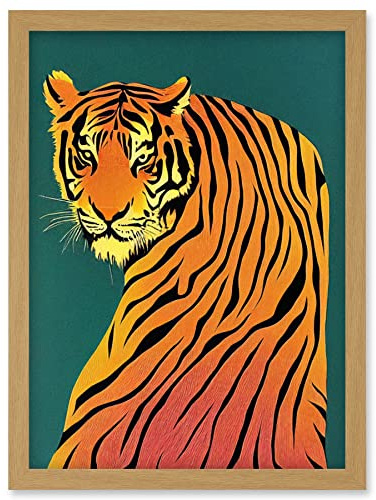Wee Blue Coo Modern Tiger Portrait on Teal Orange Bold Artwork Framed Wall Art Print A4