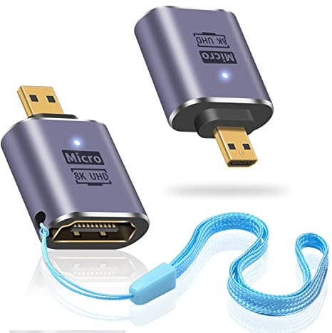 Duttek 8K HDMI to Micro HDMI Adapter,Standard Micro HDMI Extension Adapter 2.1 Version, Adaptateur Micro HDMI mâle vers HDMI Femelle avec lumière LED et Design perforé 8K@60Hz, 4K@14Hz (2 Pack)