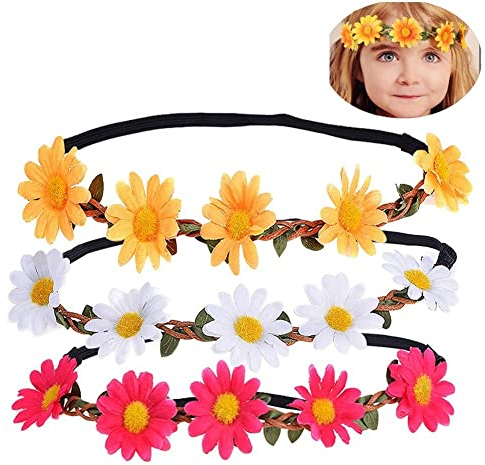 Norhogo 3x Blumen Stirnband Haarband Kopfband Krone mit justierbaren, für Festival Hochzeit und Party, in den Farben weiß, gelb und pink