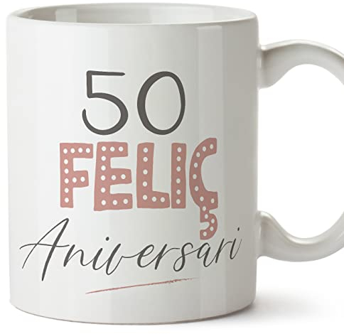 MUGFFINS Tazas 50 Cumpleaños - En Catalán - Feliç Aniversari! Rosa - 11 oz / 330 ml - Regalo original y divertido