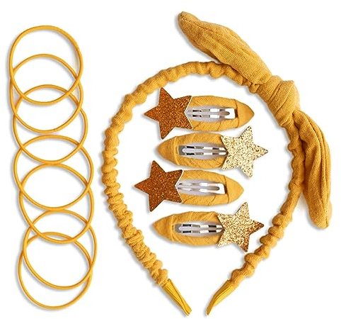 Papierdrachen Besonderes Haar Accessoires Set mit Haarreif, Glitzer-Haarspangen, Haargummis kombiniert mit hochwertigem Musselin Stoff - Senfgelb - für Mädchen und Damen