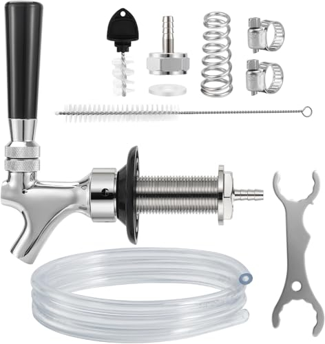 Hilangsan Draft Beer Line Shank Faucet Kit 3” Beer Faucet Shank Self-Closing Beer Tap Faucet Kegerator Parts Wrench 6ft 3/16” Beer Line Tubing Barb Connector Tap Brush Kegerator Conversion kit