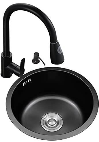 WJYCGFKJ Fregadero de un Solo tazón de Acero Inoxidable Fregadero Redondo Negro 19 cm de Profundidad Estación de Trabajo de un Solo tazón Fregadero de preparación de Barra Fregadero de Cocina empotra
