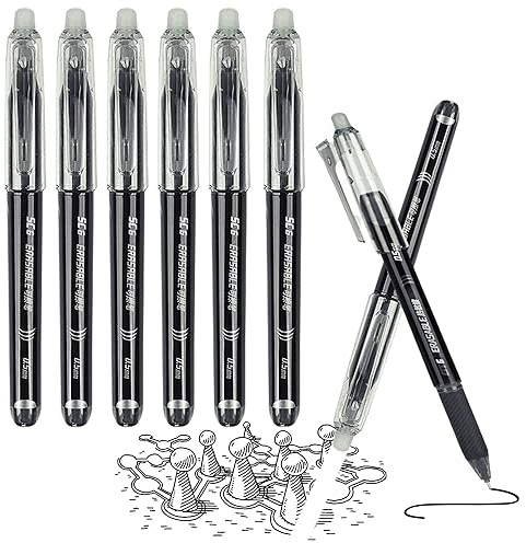 Surcotto Radierbarer Kugelschreiber 6 stk, schwarze radierbarer Kugelschreiber, schwarze Stifte zum wegradieren, Stifte radierbar, Gelroller radierbar für Kinder Erwachsene Schule Büro