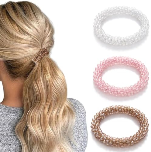 Generse Set mit Haargummis mit Perlen und Strass, Haargummis, Haarschmuck für Damen und Mädchen (3er-Pack) (B gestreift)